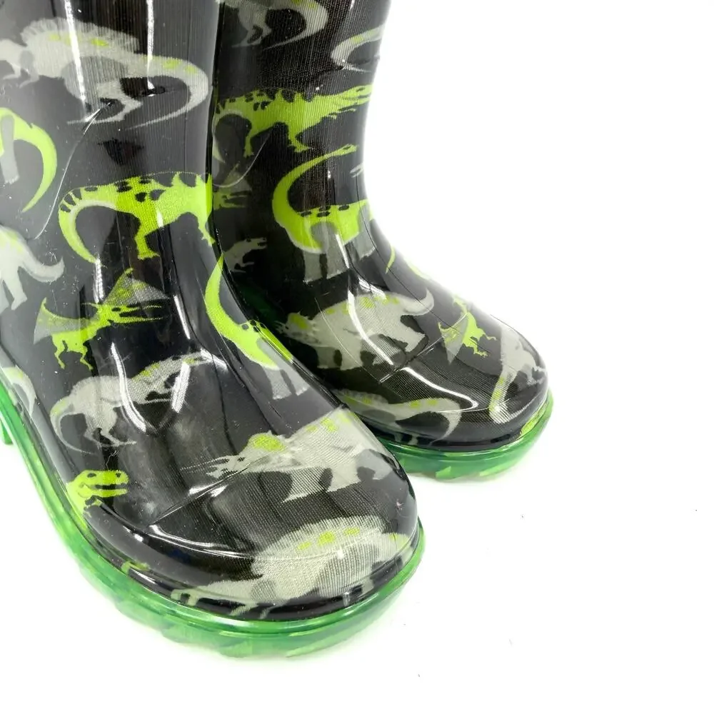 Western Chief Black Neon Green Dinosaur Light Up Waterproof Rain Boots
